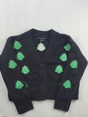 Embroidered Christmas Tree Holiday Crop Cardigan Knit Sweater Black